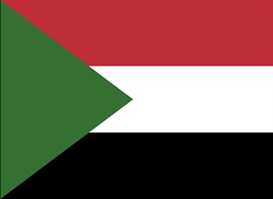[ai] The national flag of Sudan, featuring three horizontal stripes of red, white, and black, with a green triangle on the left side.